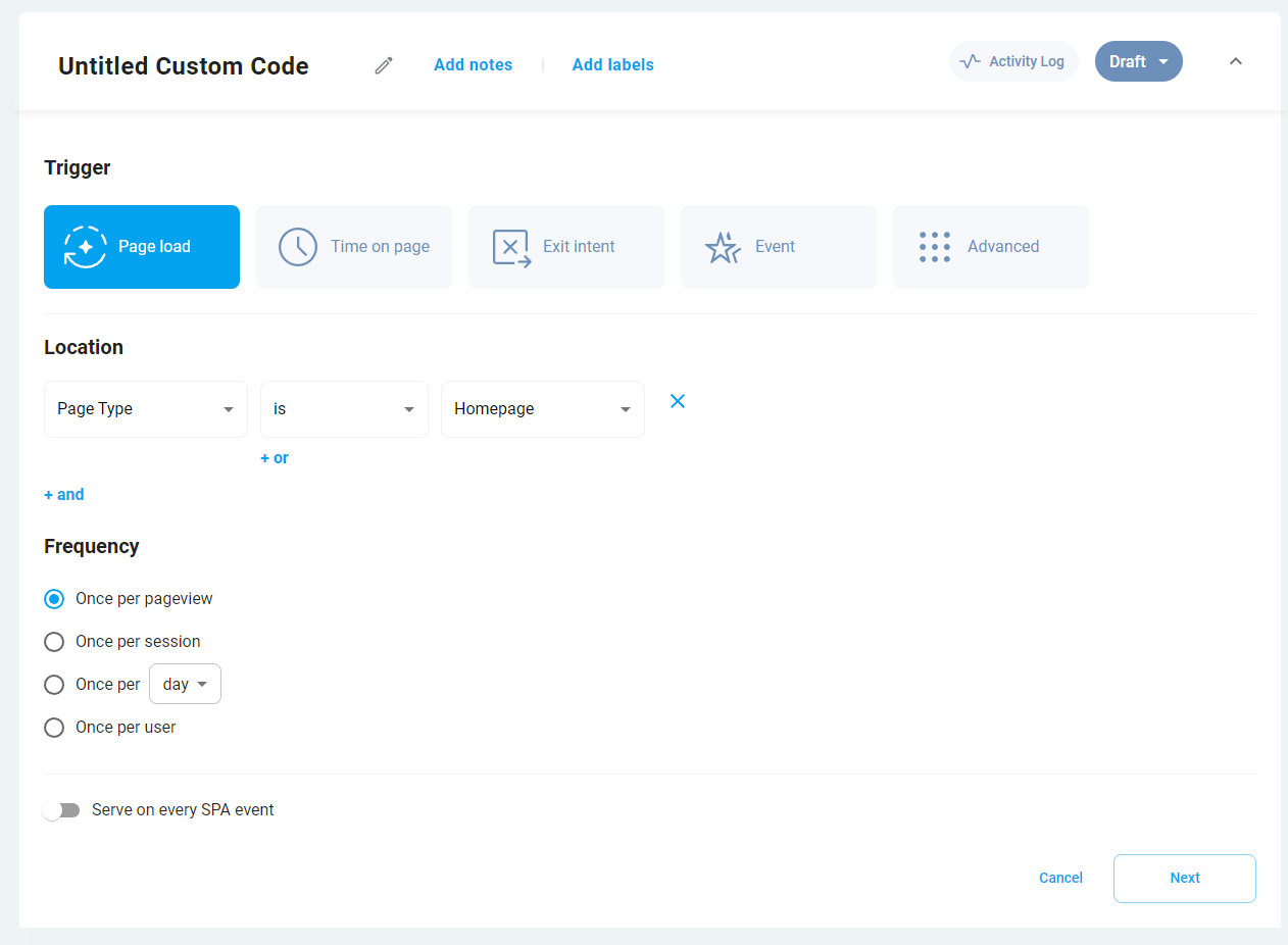 Экран настроек кампании типа Custom code